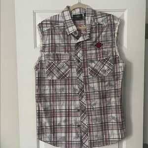 Harley-Davidson Red and Black Plaid Sleeveless Shirt